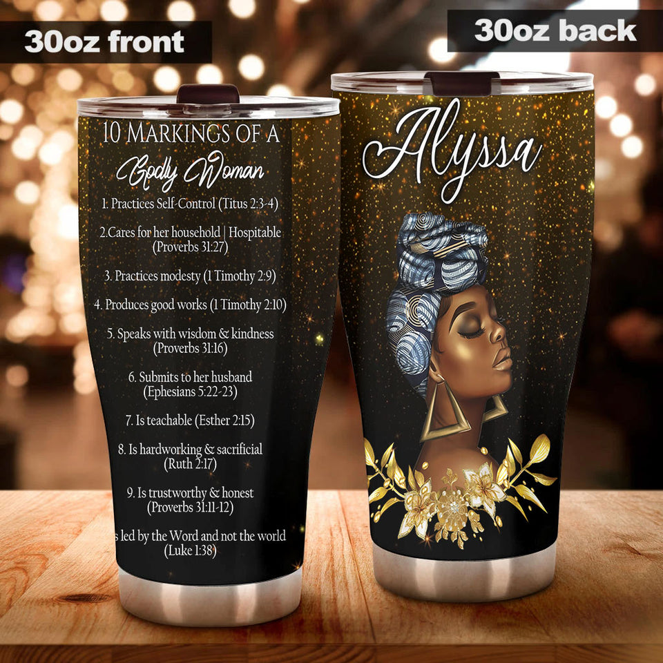 Camellia Personalized Black Woman 10 Markings Of A God Woman Stainless Steel Tumbler - Double-Walled Insulation Vacumm Flask - Gift For Black Queen, International Women's Day, Hippie Girls