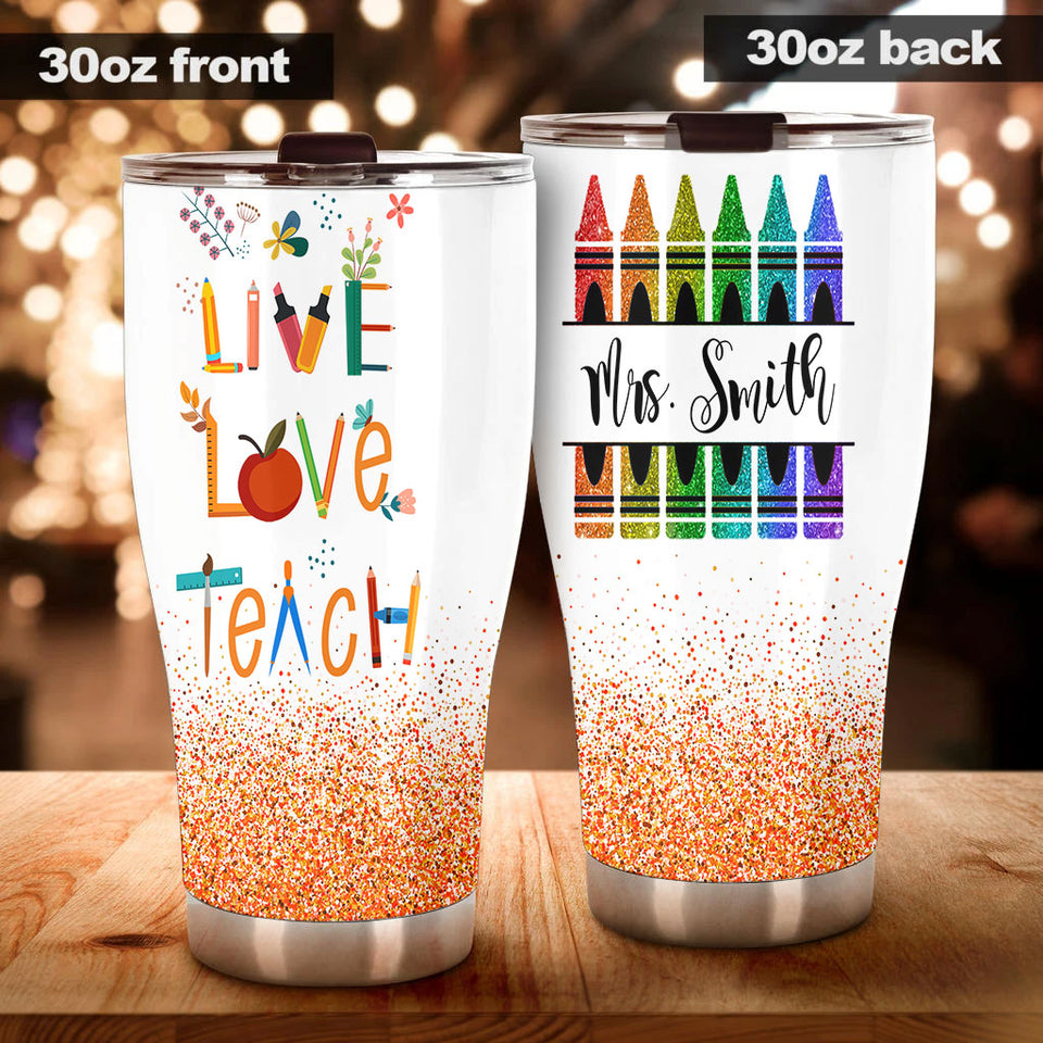 Camellia Persionalized Colorful Crayon Live Love Teach Stainless Steel Tumbler - Customized Double - Walled Insulation Travel Thermal Cup With Lid Gift For Teacher