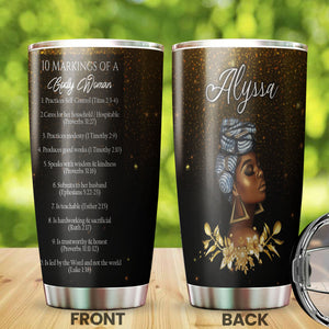Camellia Personalized Black Woman 10 Markings Of A God Woman Stainless Steel Tumbler - Double-Walled Insulation Vacumm Flask - Gift For Black Queen, International Women's Day, Hippie Girls