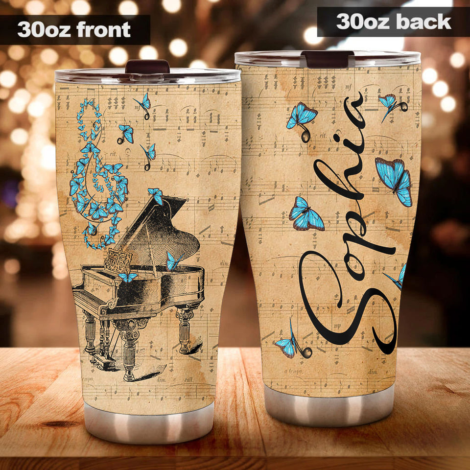 Camellia Personalized Blue Butterfly Piano Stainless Steel Tumbler - Double-Walled Insulation Vacumm Flask - Gift For Thanksgiving, Memorial Day, Piano Lovers