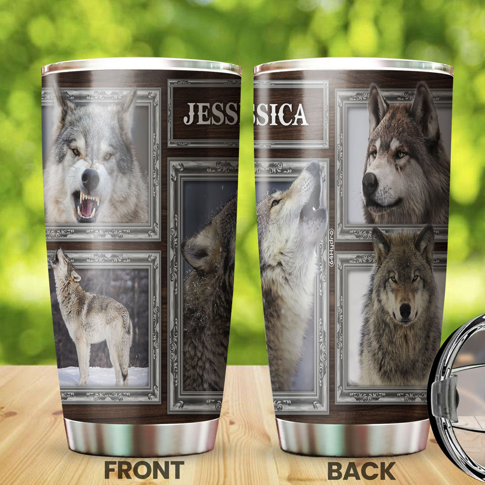 Camellia Personalized 3D Grey Wolf Picture Stainless Steel Tumbler - Customized Double-Walled Insulation Travel Thermal Cup With Lid