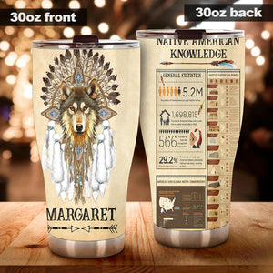 Camellia Persionalized 3D Wolf Native American Stainless Steel Tumbler - Customized Double - Walled Insulation Travel Thermal Cup With Lid Gift For Wolf Lover