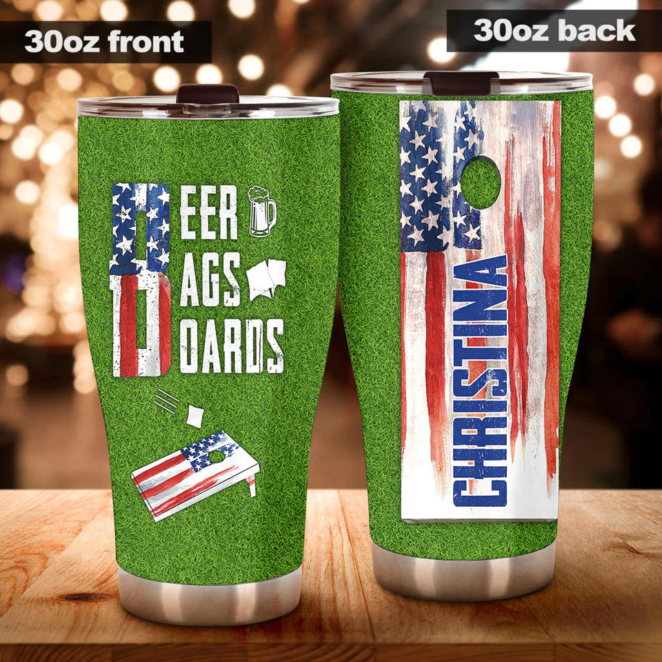Camellia Personalized Beer Bag USA FLag Stainless Steel Tumbler - Double-Walled Insulation Vacumm Flask - Gift For Beer Lovers, International Beer's Day