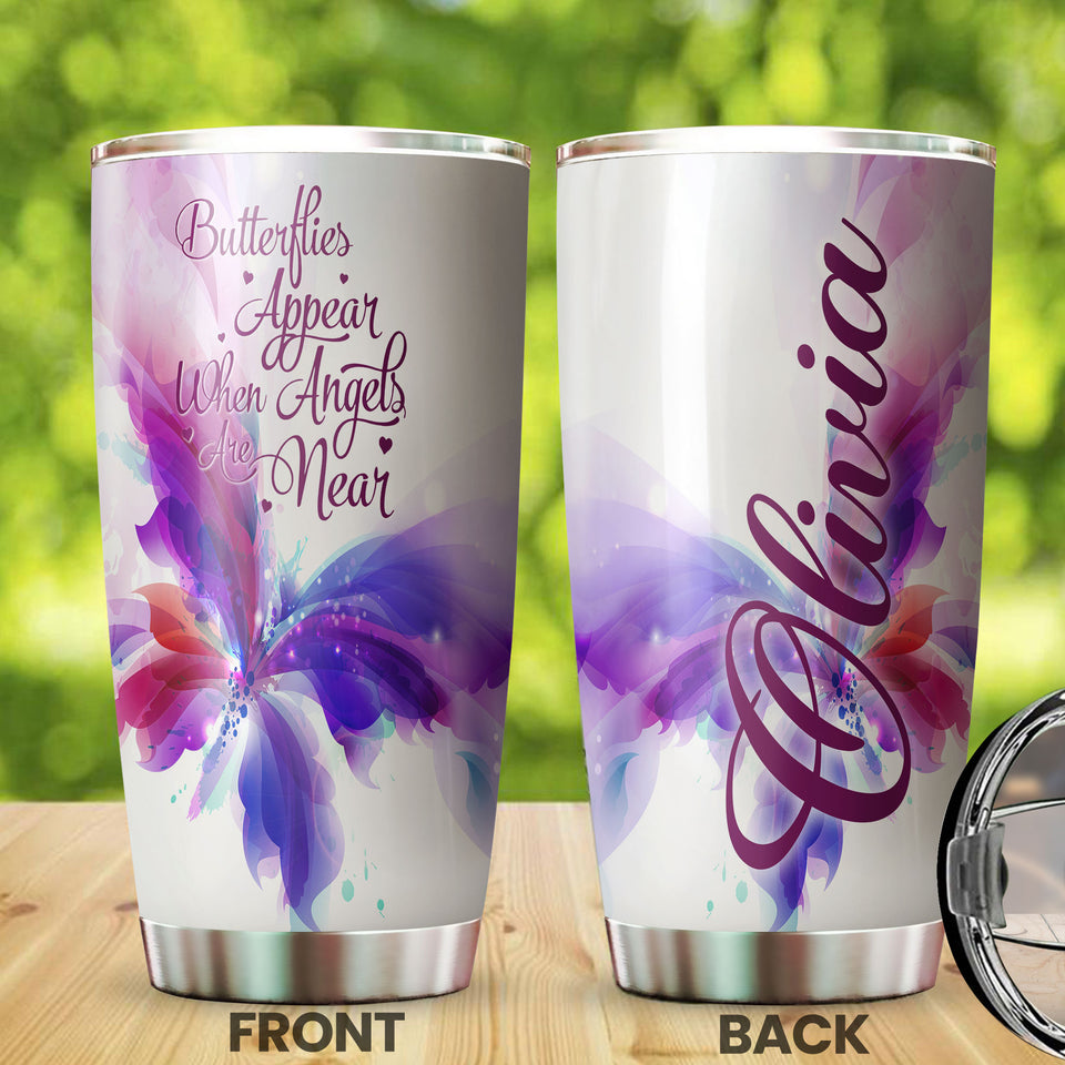 Camellia Personalized Butterfly Appears When Angels Are Near Stainless Steel Tumbler - Double-Walled Insulation Vacumm Flask - For Thanksgiving, Memorial Day, Christians, Christmas Gift