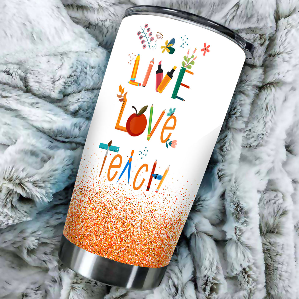 Camellia Persionalized Colorful Crayon Live Love Teach Stainless Steel Tumbler - Customized Double - Walled Insulation Travel Thermal Cup With Lid Gift For Teacher