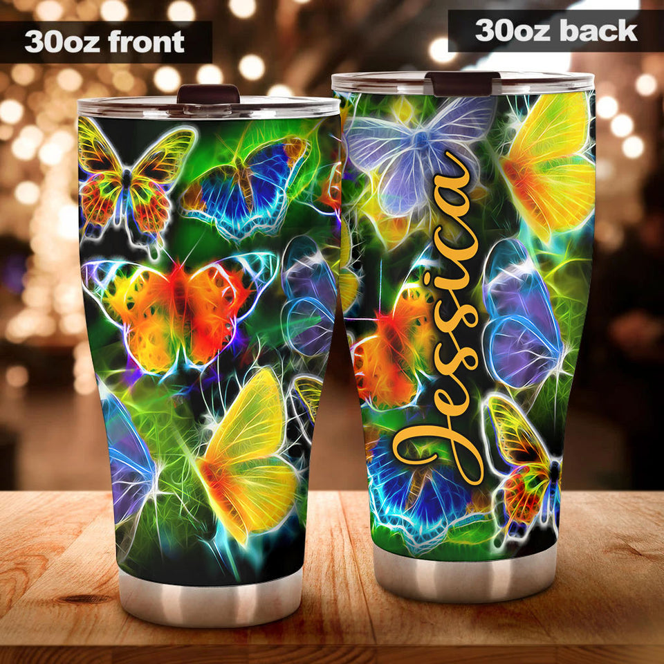 Camellia Personalized  Rainbow Neon Butterfly Stainless Steel Tumbler - Double-Walled Insulation Vacumm Flask - For Thanksgiving, Memorial Day, Christians, Christmas Gift