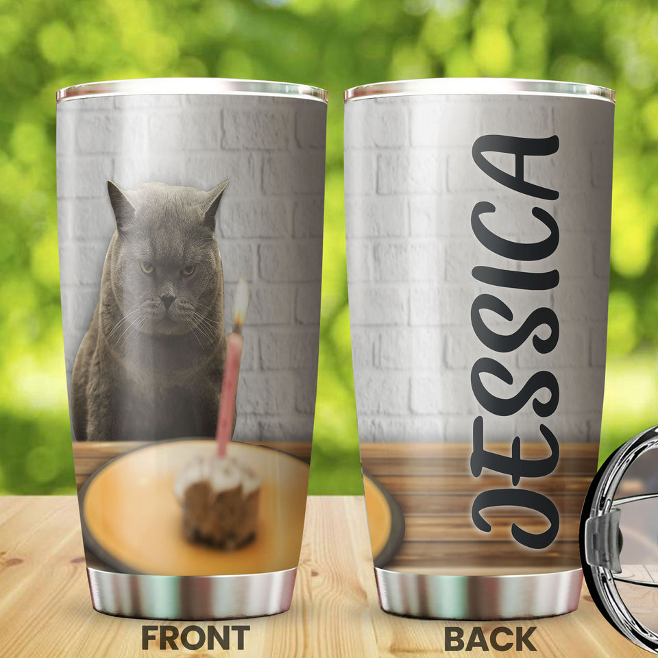 Camellia Personalized British Shorthair Cat Birthday Stainless Steel Tumbler - Double-Walled Insulation Vacumm Flask - Gift For Bristish Shorthair Lovers, International Cat Day