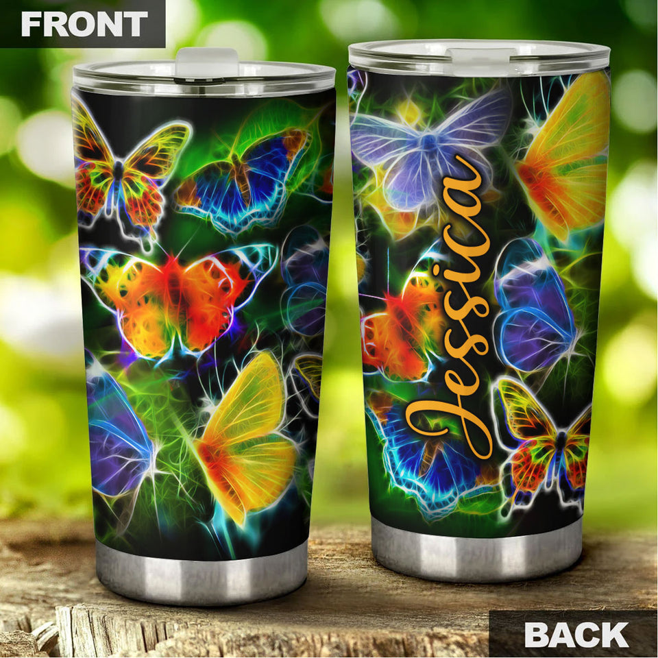 Camellia Personalized  Rainbow Neon Butterfly Stainless Steel Tumbler - Double-Walled Insulation Vacumm Flask - For Thanksgiving, Memorial Day, Christians, Christmas Gift
