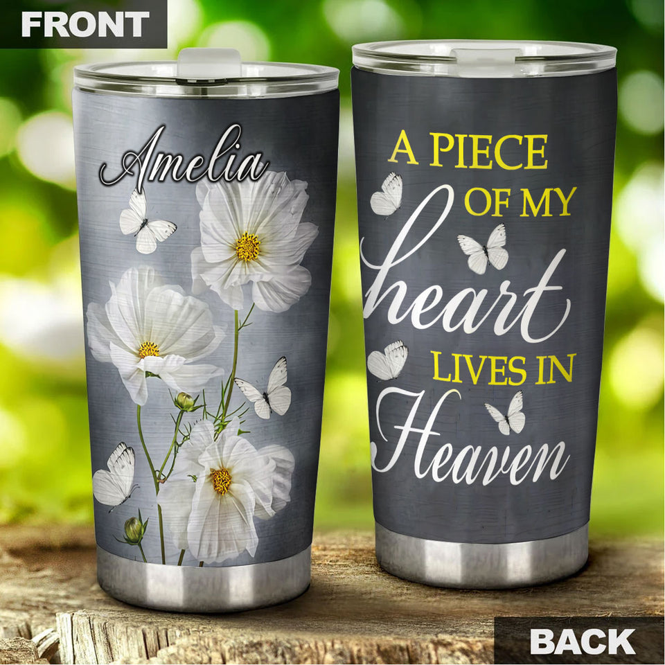 Camellia Personalized White Flower Butterfly A Piece Of My Heart Lives In Heaven Stainless Steel Tumbler - Customized Double-Walled Insulation Travel Thermal Cup With Lid
