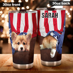 Camellia Personalized 3D Corgi American Flag Stainless Steel Tumbler - Customized Double-Walled Insulation Travel Thermal Cup With Lid