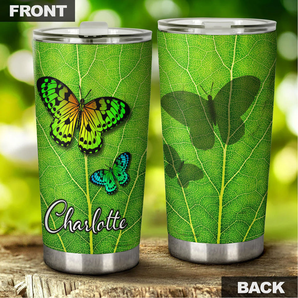 Camellia Personalized Butterfly On Leaf Stainless Steel Tumbler - Double-Walled Insulation Vacumm Flask - For Thanksgiving, Memorial Day, Christians, Christmas Gift