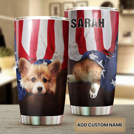 Camellia Personalized 3D Corgi American Flag Stainless Steel Tumbler - Customized Double-Walled Insulation Travel Thermal Cup With Lid