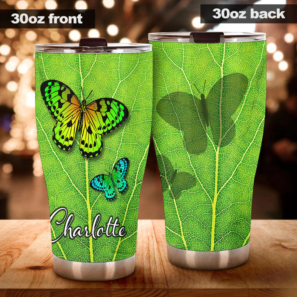 Camellia Personalized Butterfly On Leaf Stainless Steel Tumbler - Double-Walled Insulation Vacumm Flask - For Thanksgiving, Memorial Day, Christians, Christmas Gift