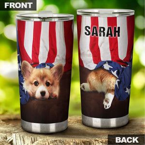 Camellia Personalized 3D Corgi American Flag Stainless Steel Tumbler - Customized Double-Walled Insulation Travel Thermal Cup With Lid