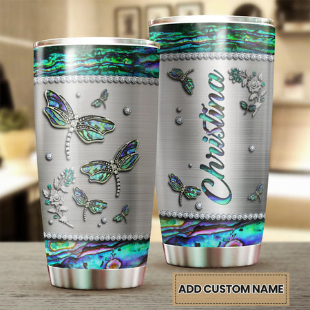 Camellia Personalized Dragonfly Jewelry Style Stainless Steel Tumbler - Customized Double-Walled Insulation Travel Thermal Cup  With Lid Gift For Dragonfly Lover