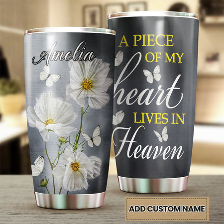 Camellia Personalized White Flower Butterfly A Piece Of My Heart Lives In Heaven Stainless Steel Tumbler - Customized Double-Walled Insulation Travel Thermal Cup With Lid