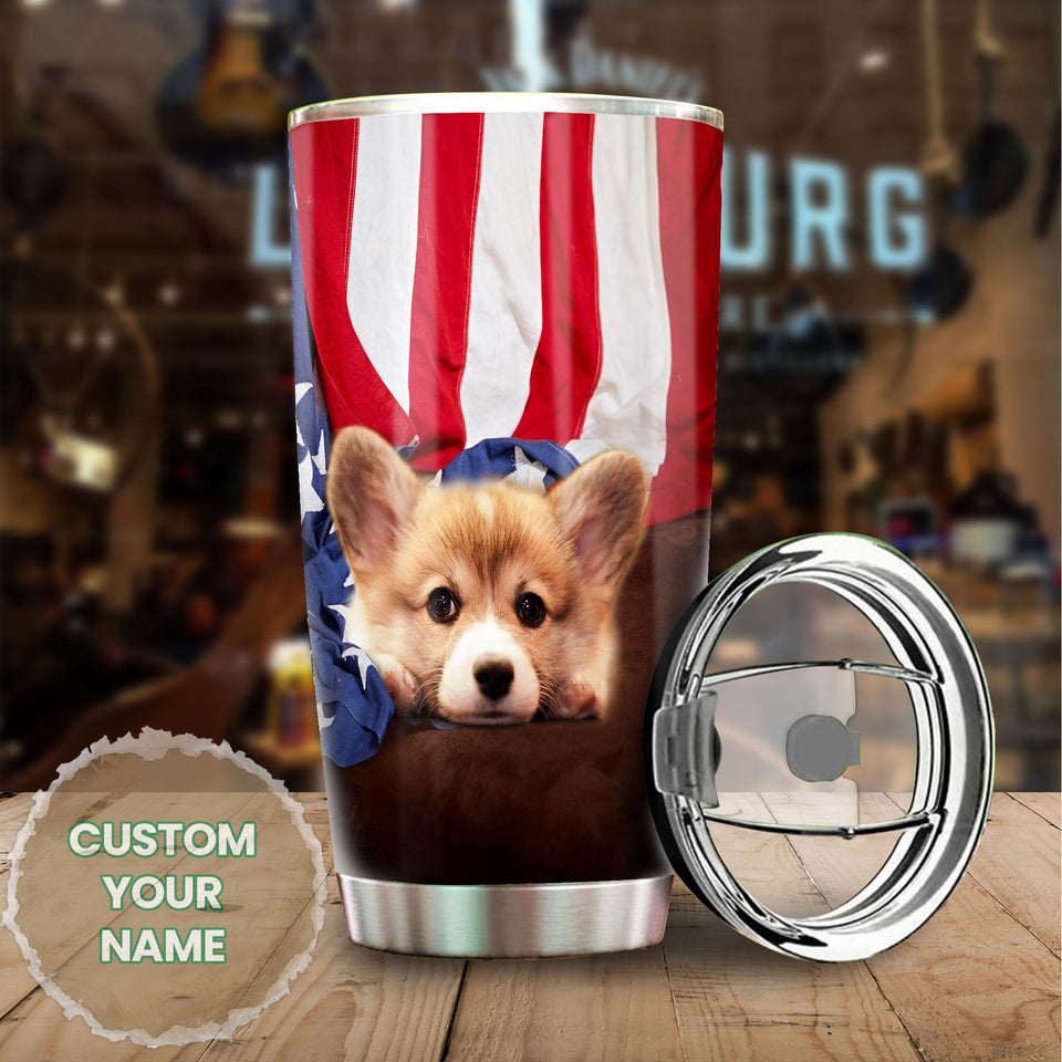 Camellia Personalized 3D Corgi American Flag Stainless Steel Tumbler - Customized Double-Walled Insulation Travel Thermal Cup With Lid