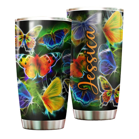 Camellia Personalized  Rainbow Neon Butterfly Stainless Steel Tumbler - Double-Walled Insulation Vacumm Flask - For Thanksgiving, Memorial Day, Christians, Christmas Gift