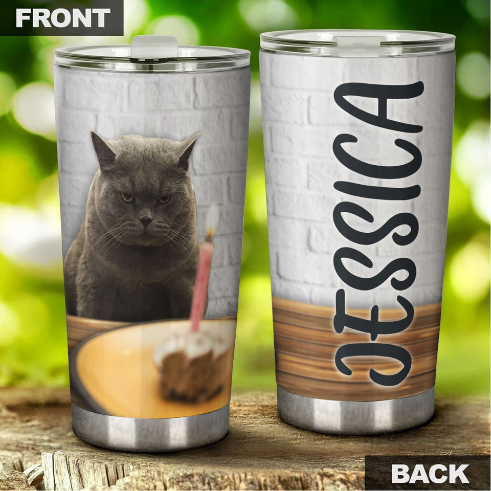 Camellia Personalized British Shorthair Cat Birthday Stainless Steel Tumbler - Double-Walled Insulation Vacumm Flask - Gift For Bristish Shorthair Lovers, International Cat Day