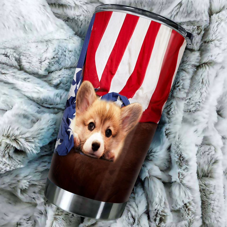 Camellia Personalized 3D Corgi American Flag Stainless Steel Tumbler - Customized Double-Walled Insulation Travel Thermal Cup With Lid