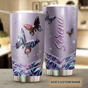 Camellia Personalized 3D Colorful Diamond Butterfly Stainless Steel Tumbler - Customized Double-Walled Insulation Thermal Cup With Lid