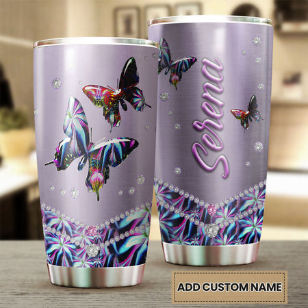 Camellia Personalized 3D Colorful Diamond Butterfly Stainless Steel Tumbler - Customized Double-Walled Insulation Thermal Cup With Lid