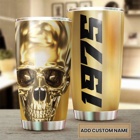 Camellia Persionalized 3D Golden Skull Stainless Steel Tumbler - Customized Double - Walled Insulation Thermal Cup With Lid