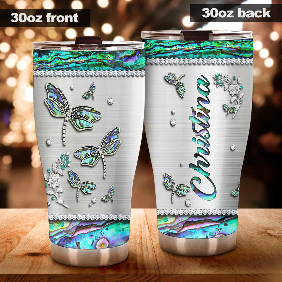 Camellia Personalized Dragonfly Jewelry Style Stainless Steel Tumbler - Customized Double-Walled Insulation Travel Thermal Cup  With Lid Gift For Dragonfly Lover
