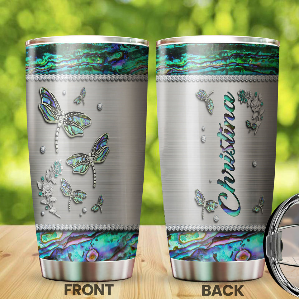 Camellia Personalized Dragonfly Jewelry Style Stainless Steel Tumbler - Customized Double-Walled Insulation Travel Thermal Cup  With Lid Gift For Dragonfly Lover