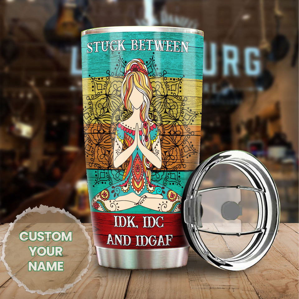 Camellia Personalized Stuck Between IDC IDK And IDGAF Stainless Steel Tumbler-Sweat-Proof Double Wall Travel Cup With Lid Gift For Hippie Girl
