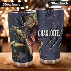 Camellia Personalized 3D Angry Dinosaur Stainless Steel Tumbler - Customized Double-Walled Insulation Travel Thermal Cup With Lid Gift For Dinosaur Lover