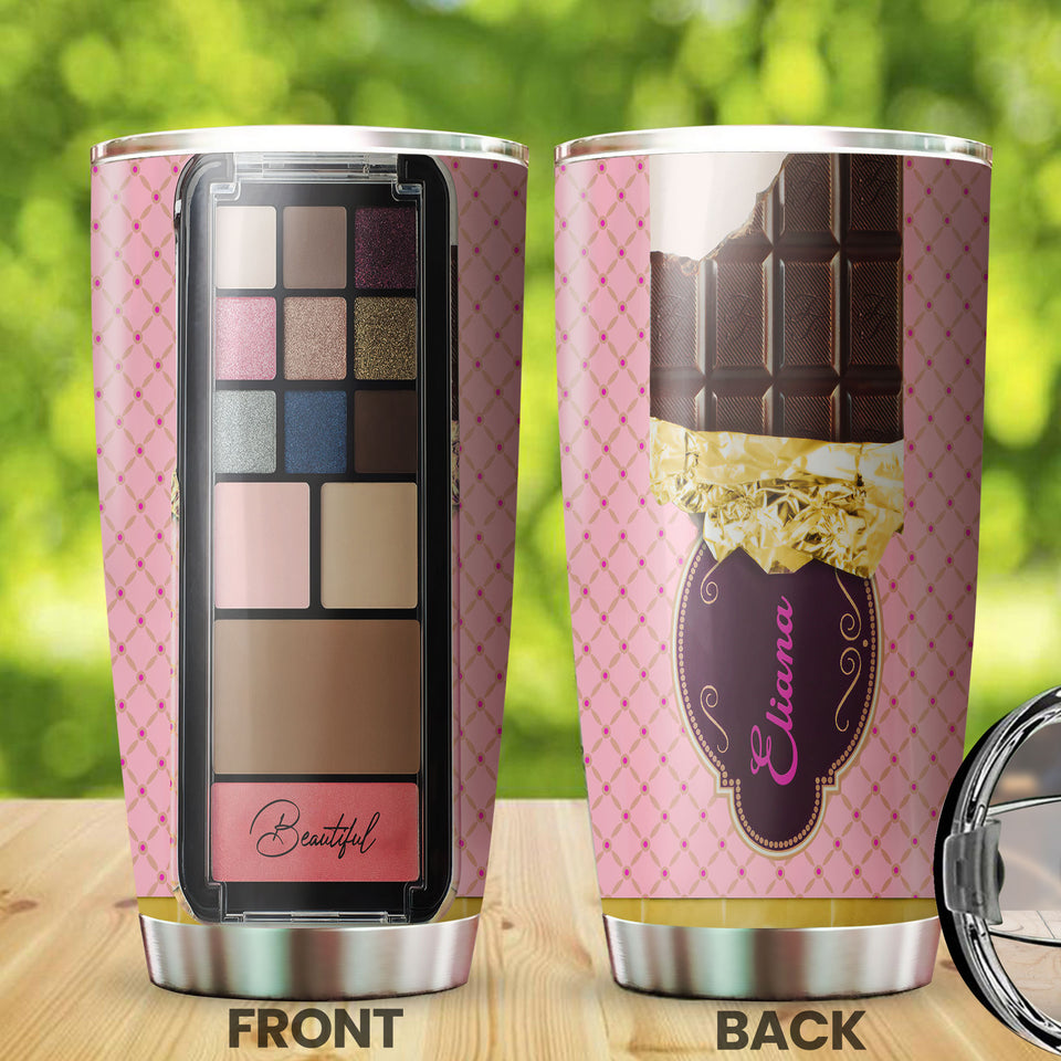 Camellia Personalized Chocolate Eye Shadow Palette Stainless Steel Tumbler - Customized Double-Walled Insulation Travel Thermal Cup With Lid Gift For Makeup Lover Girl