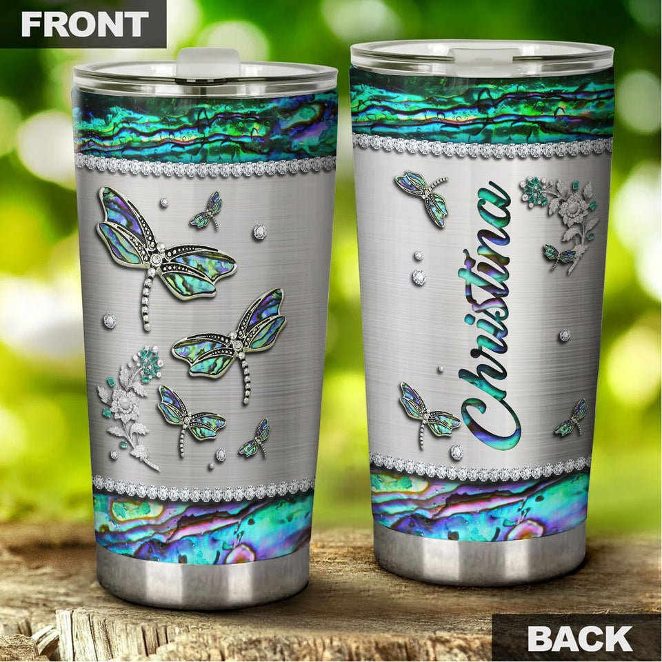 Camellia Personalized Dragonfly Jewelry Style Stainless Steel Tumbler - Customized Double-Walled Insulation Travel Thermal Cup  With Lid Gift For Dragonfly Lover