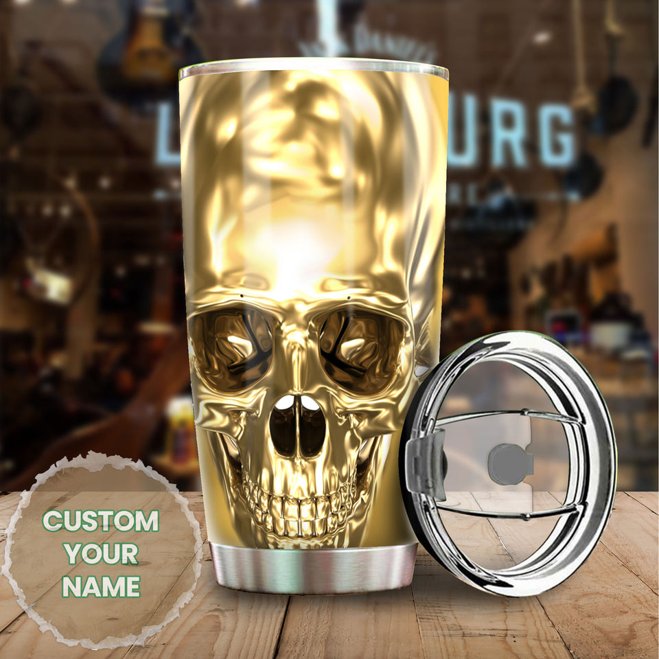 Camellia Persionalized 3D Golden Skull Stainless Steel Tumbler - Customized Double - Walled Insulation Thermal Cup With Lid