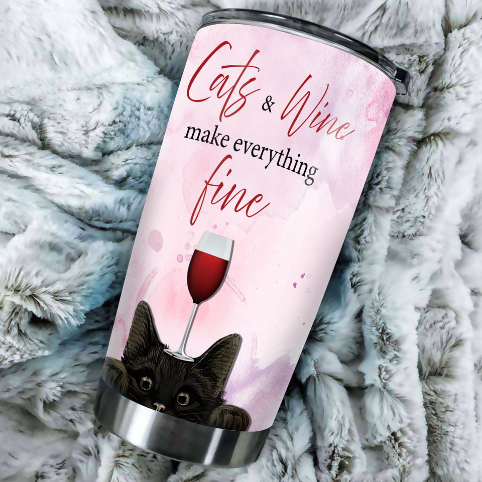 Camellia Persionalized 3D Girl Cat And Wine Make Everything Fine Stainless Steel Tumbler - Customized Double - Walled Insulation Travel Thermal Cup With Lid Gift For Wine Lover Cat Lover