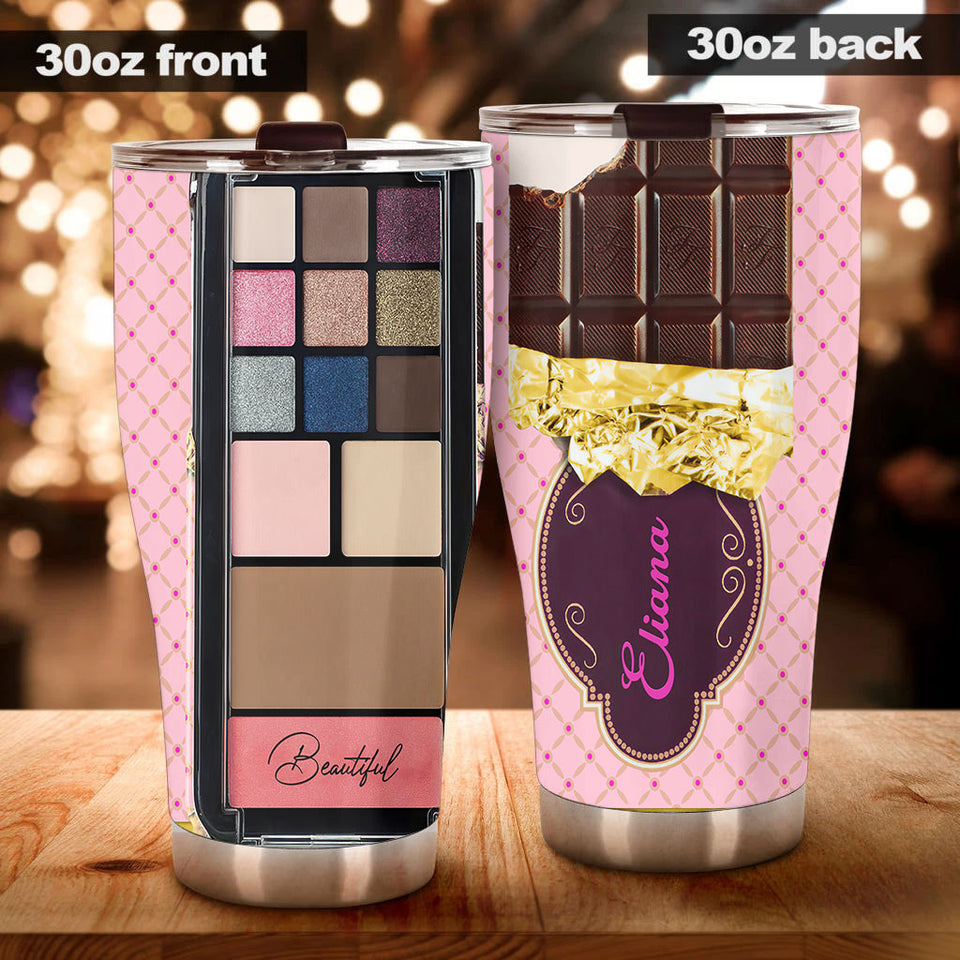Camellia Personalized Chocolate Eye Shadow Palette Stainless Steel Tumbler - Customized Double-Walled Insulation Travel Thermal Cup With Lid Gift For Makeup Lover Girl
