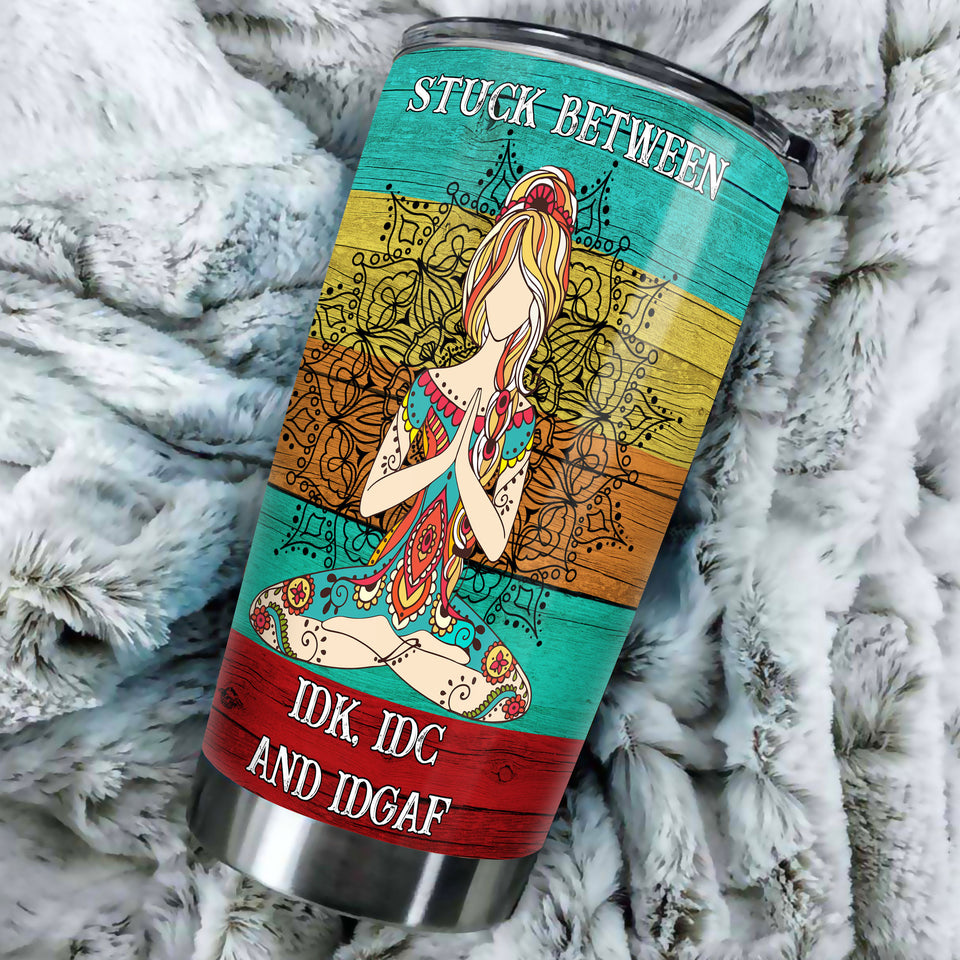 Camellia Personalized Stuck Between IDC IDK And IDGAF Stainless Steel Tumbler-Sweat-Proof Double Wall Travel Cup With Lid Gift For Hippie Girl