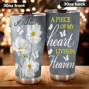 Camellia Personalized White Flower Butterfly A Piece Of My Heart Lives In Heaven Stainless Steel Tumbler - Customized Double-Walled Insulation Travel Thermal Cup With Lid