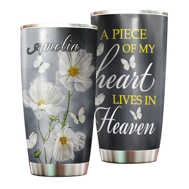 Camellia Personalized White Flower Butterfly A Piece Of My Heart Lives In Heaven Stainless Steel Tumbler - Customized Double-Walled Insulation Travel Thermal Cup With Lid