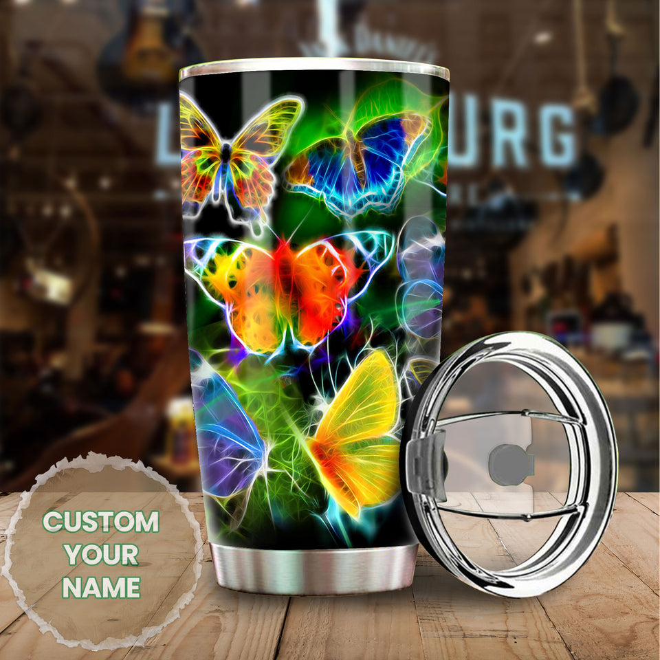 Camellia Personalized  Rainbow Neon Butterfly Stainless Steel Tumbler - Double-Walled Insulation Vacumm Flask - For Thanksgiving, Memorial Day, Christians, Christmas Gift