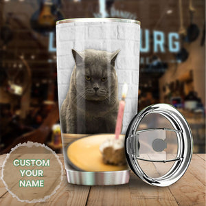 Camellia Personalized British Shorthair Cat Birthday Stainless Steel Tumbler - Double-Walled Insulation Vacumm Flask - Gift For Bristish Shorthair Lovers, International Cat Day