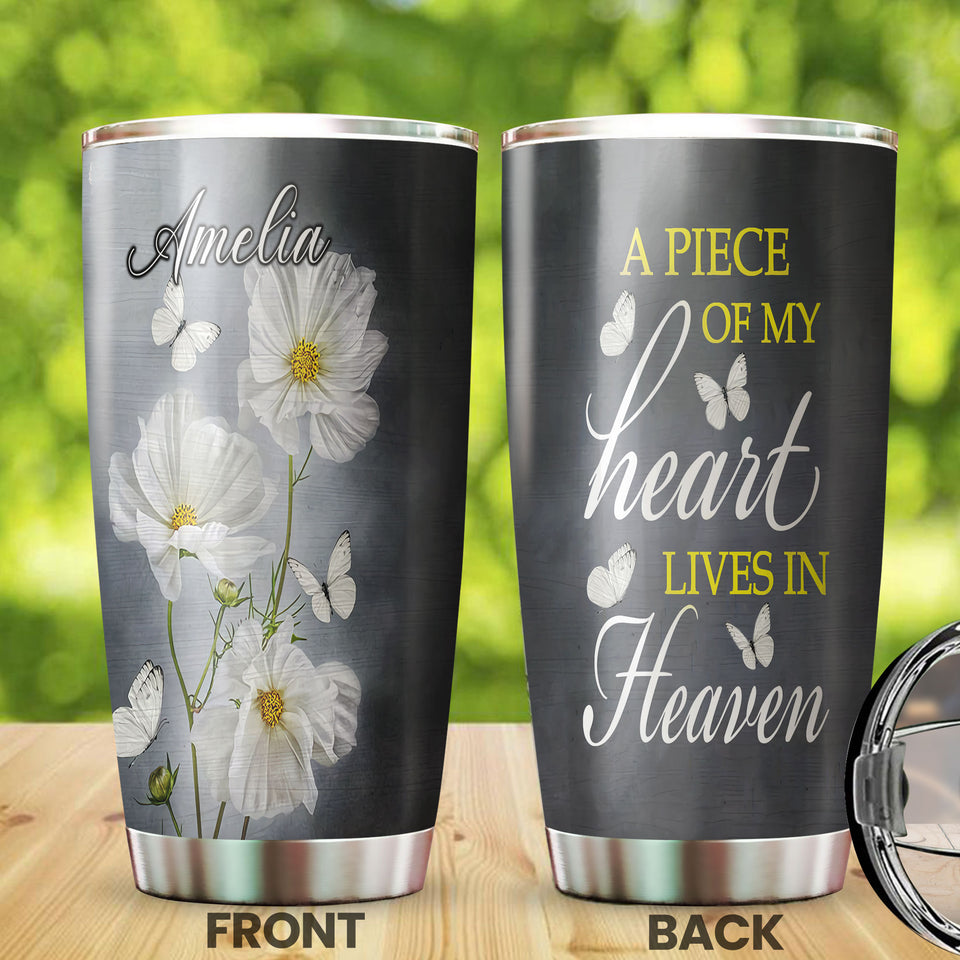 Camellia Personalized White Flower Butterfly A Piece Of My Heart Lives In Heaven Stainless Steel Tumbler - Customized Double-Walled Insulation Travel Thermal Cup With Lid