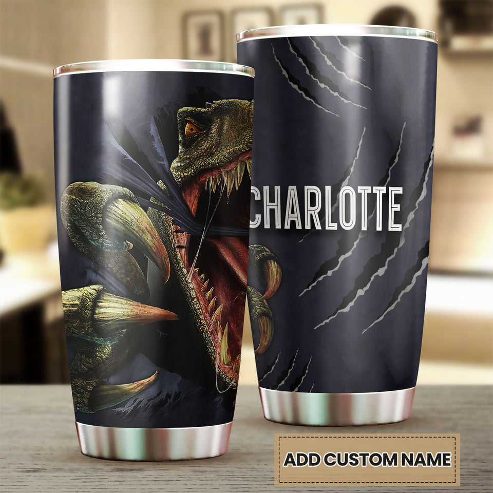 Camellia Personalized 3D Angry Dinosaur Stainless Steel Tumbler - Customized Double-Walled Insulation Travel Thermal Cup With Lid Gift For Dinosaur Lover