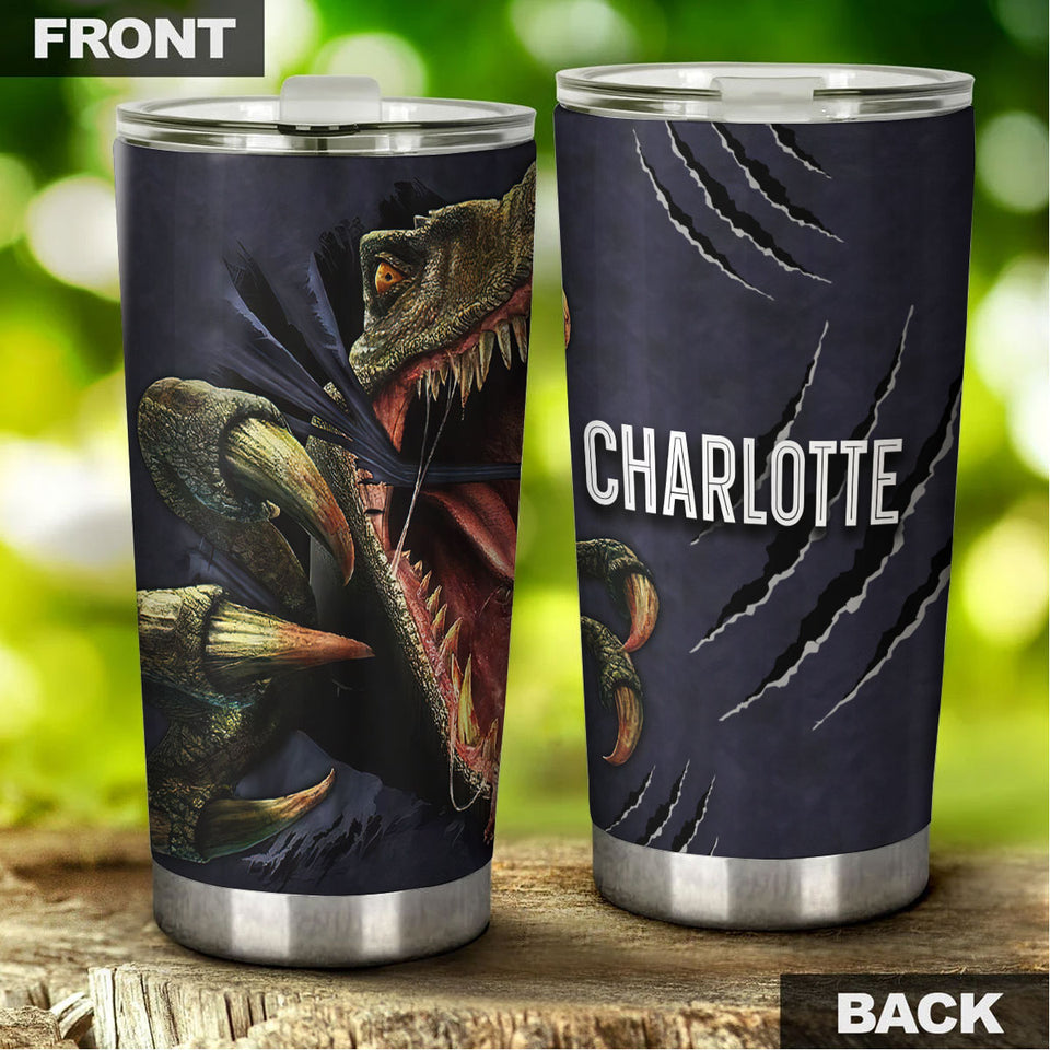 Camellia Personalized 3D Angry Dinosaur Stainless Steel Tumbler - Customized Double-Walled Insulation Travel Thermal Cup With Lid Gift For Dinosaur Lover
