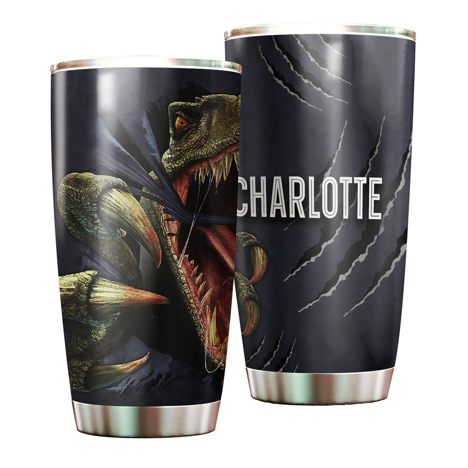 Camellia Personalized 3D Angry Dinosaur Stainless Steel Tumbler - Customized Double-Walled Insulation Travel Thermal Cup With Lid Gift For Dinosaur Lover