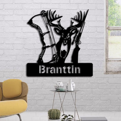 Hunt Lovers Customized Name Deer And Gun Metal Wall Art