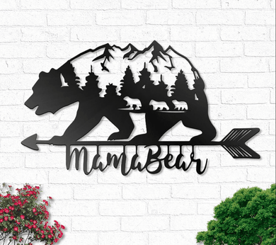 Mama Bear With 3 kids - Metal House Sign